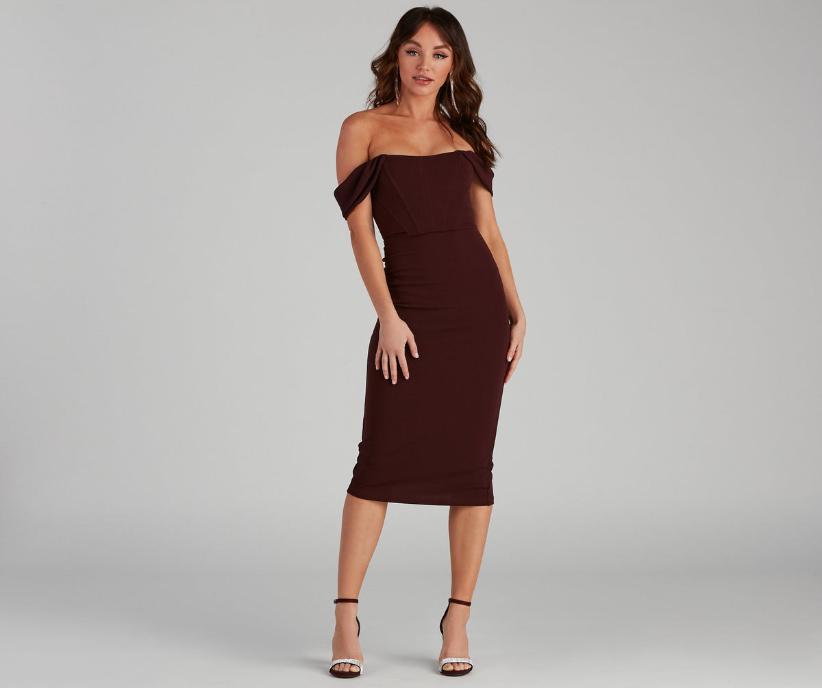 Off Shoulder Corset Crepe Bodycon Midi Dress - View 5