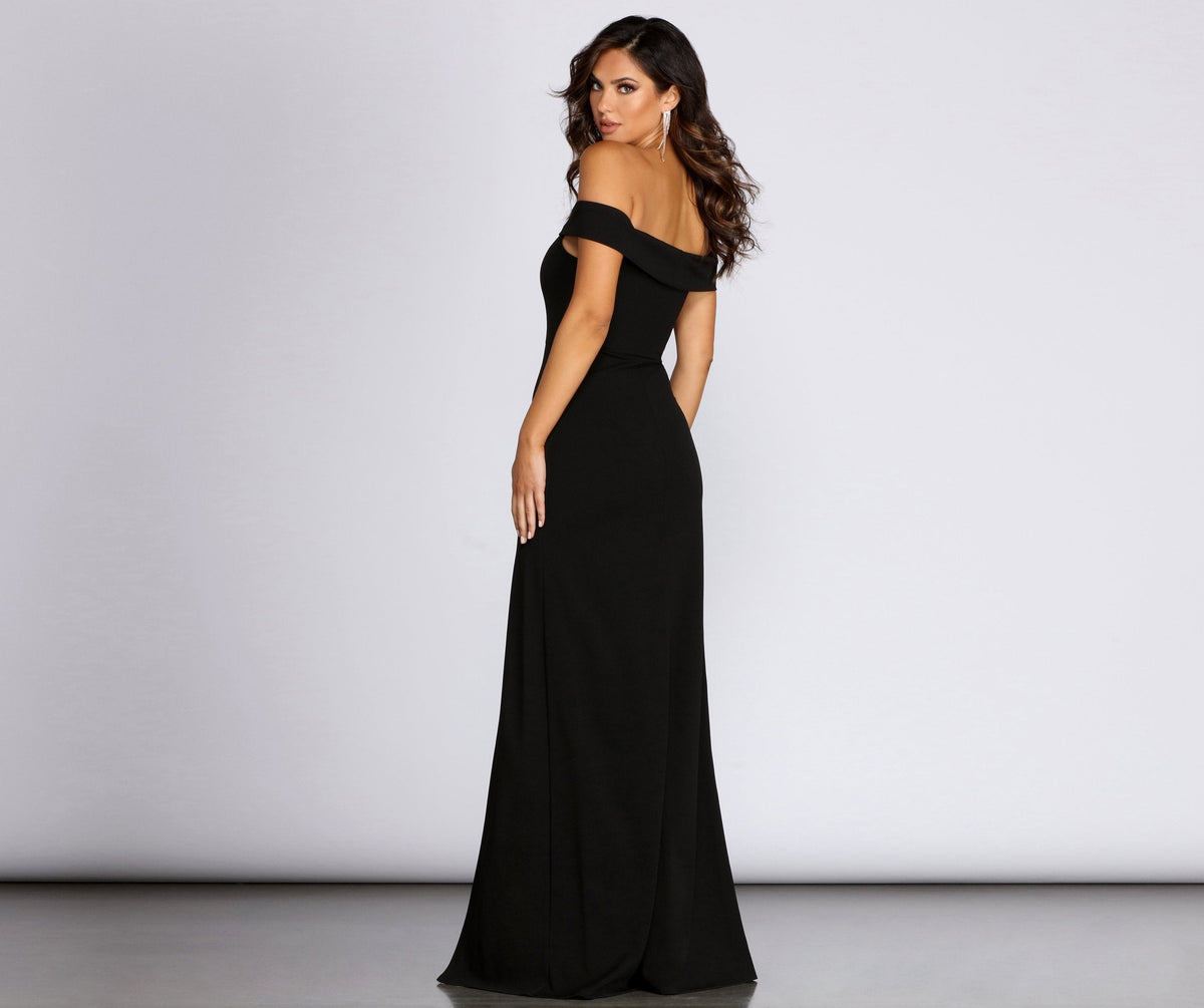 Off Shoulder High Split Crepe Column Maxi Gown - View 2