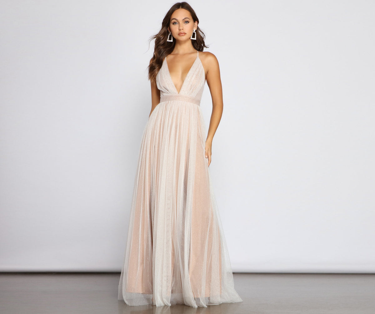 Glitter Tulle V-Neck Sleeveless A-Line Formal Maxi Gown