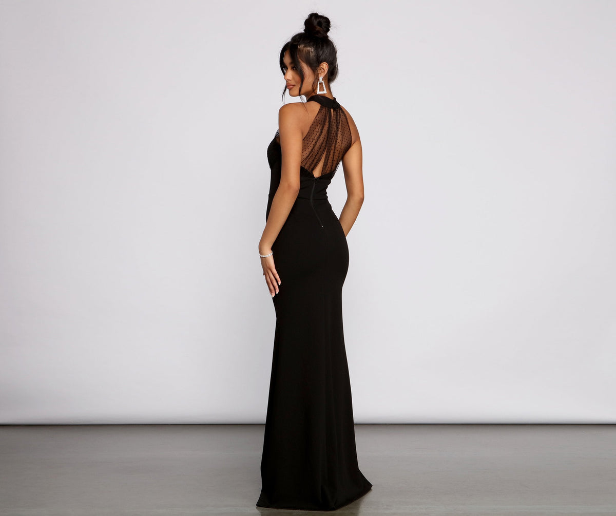 Halter Neck Dot Mesh Crepe Mermaid Maxi Gown - View 2