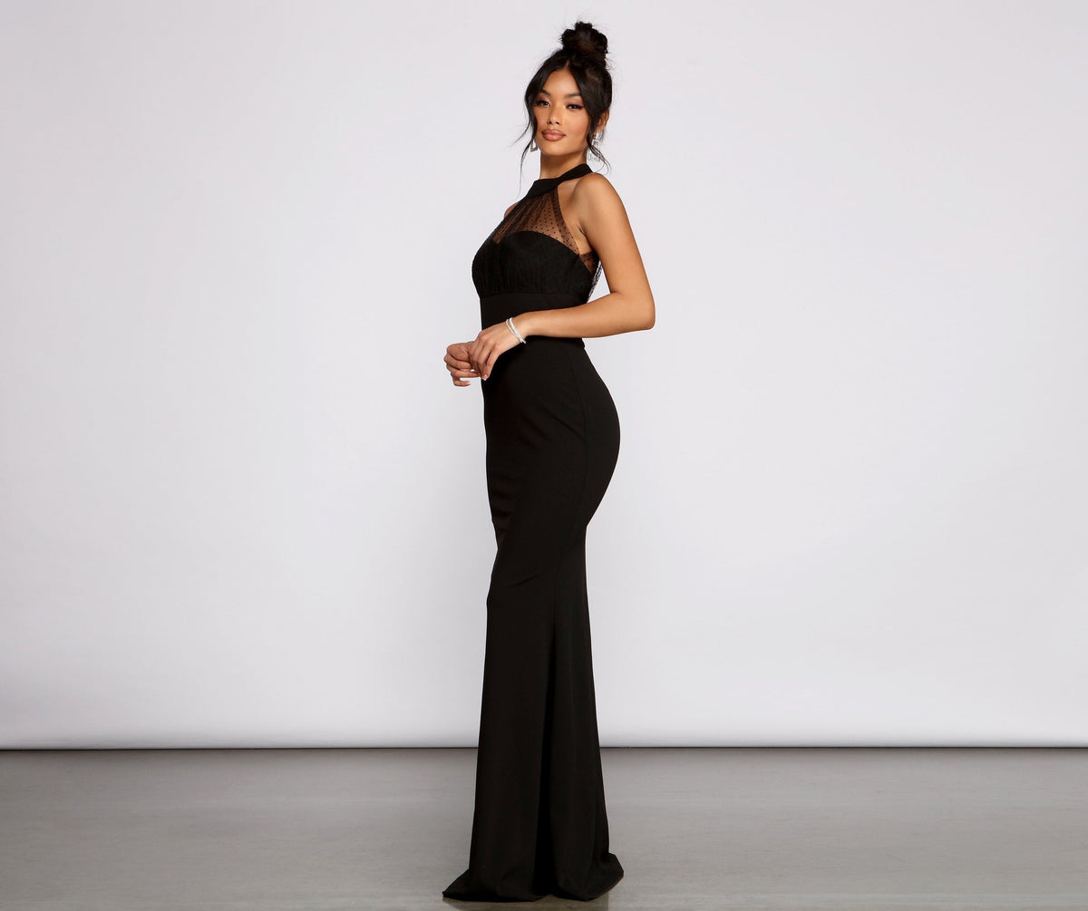 Halter Neck Dot Mesh Crepe Mermaid Maxi Gown - View 3