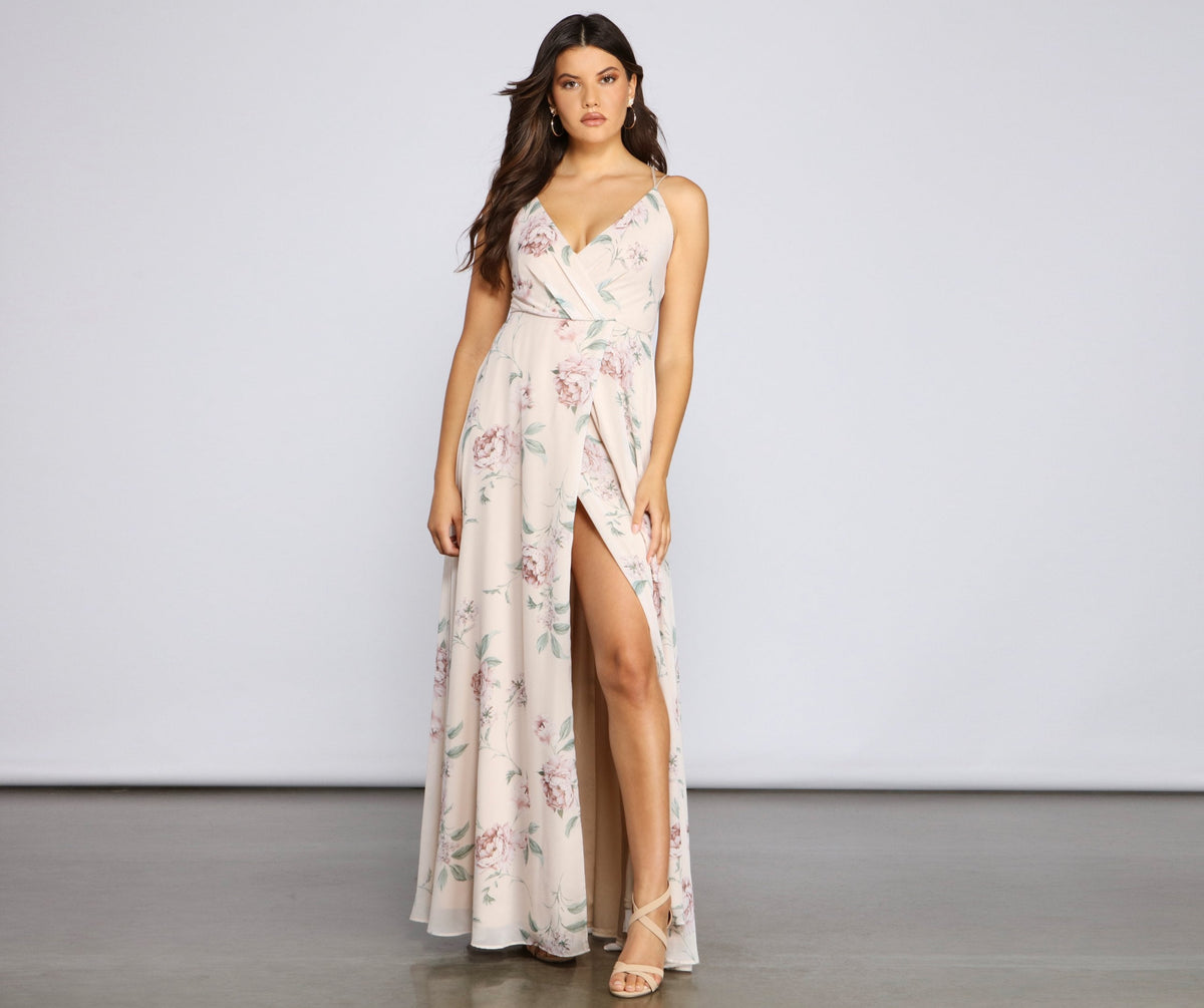 Floral Print Chiffon V-Neck Wrap High Split Maxi Dress