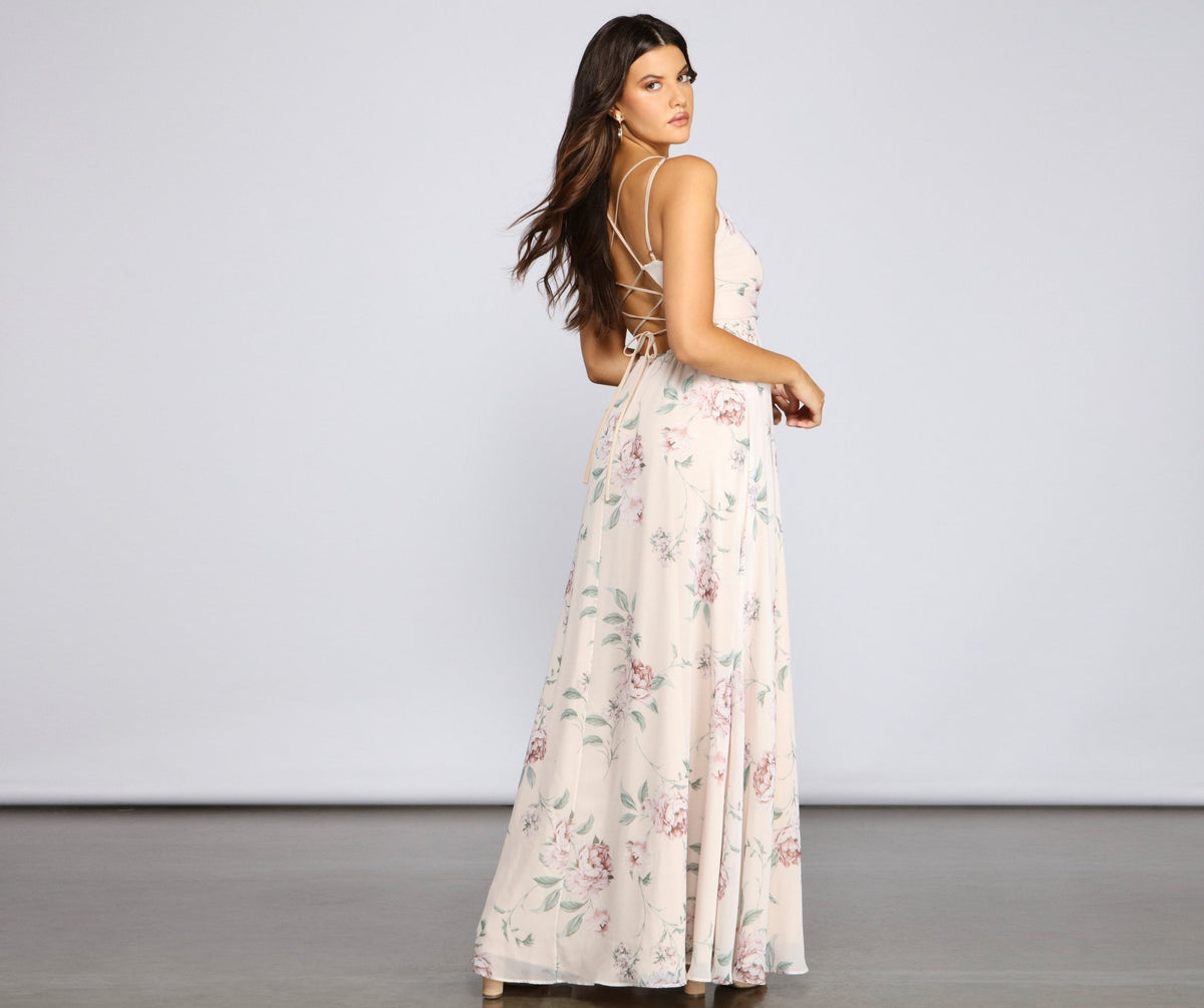 Floral Print Chiffon V-Neck Wrap High Split Maxi Dress - View 2