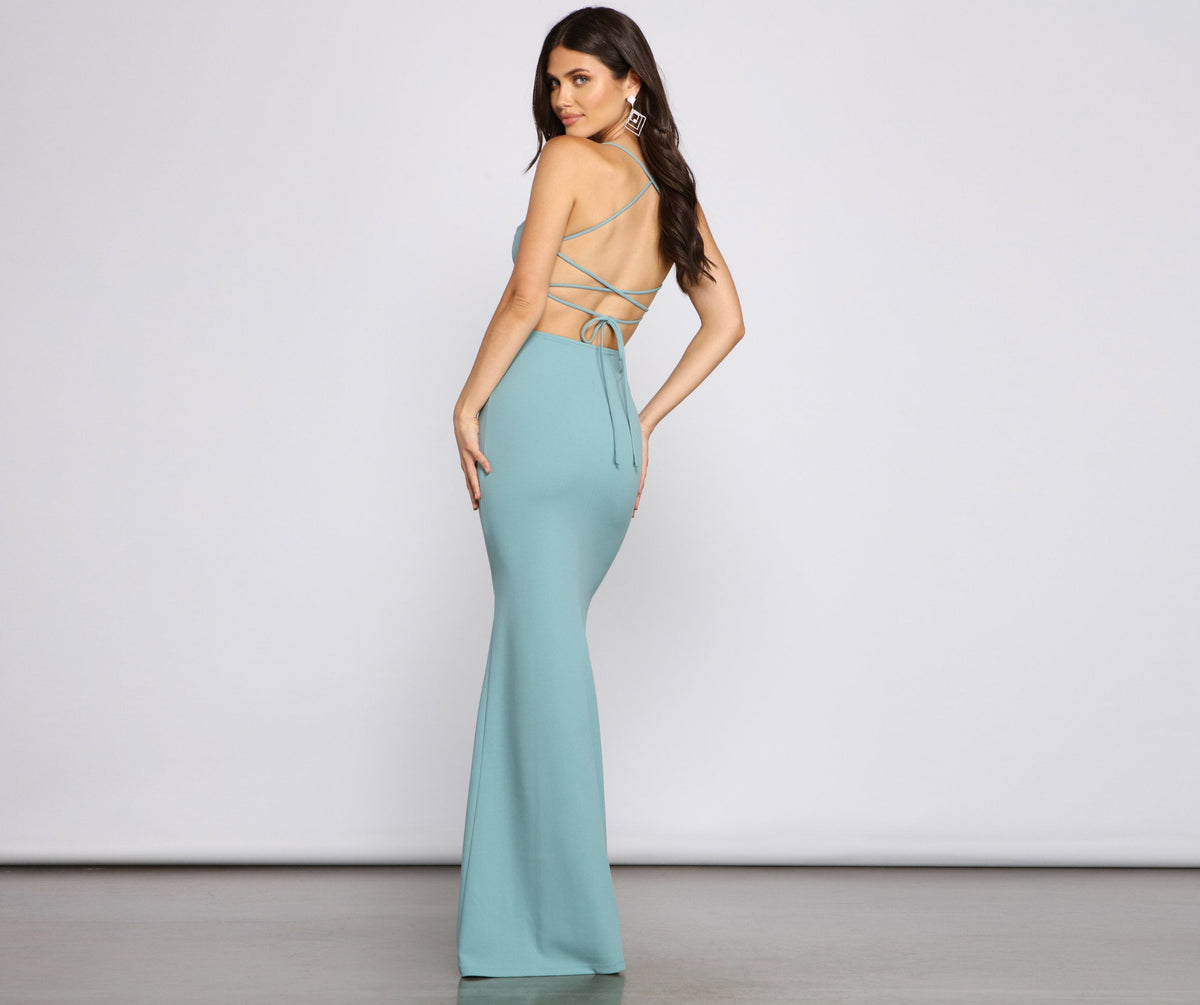 Cowl Neck Spaghetti Strap Lace Up Back Crepe Mermaid Maxi Gown - View 2