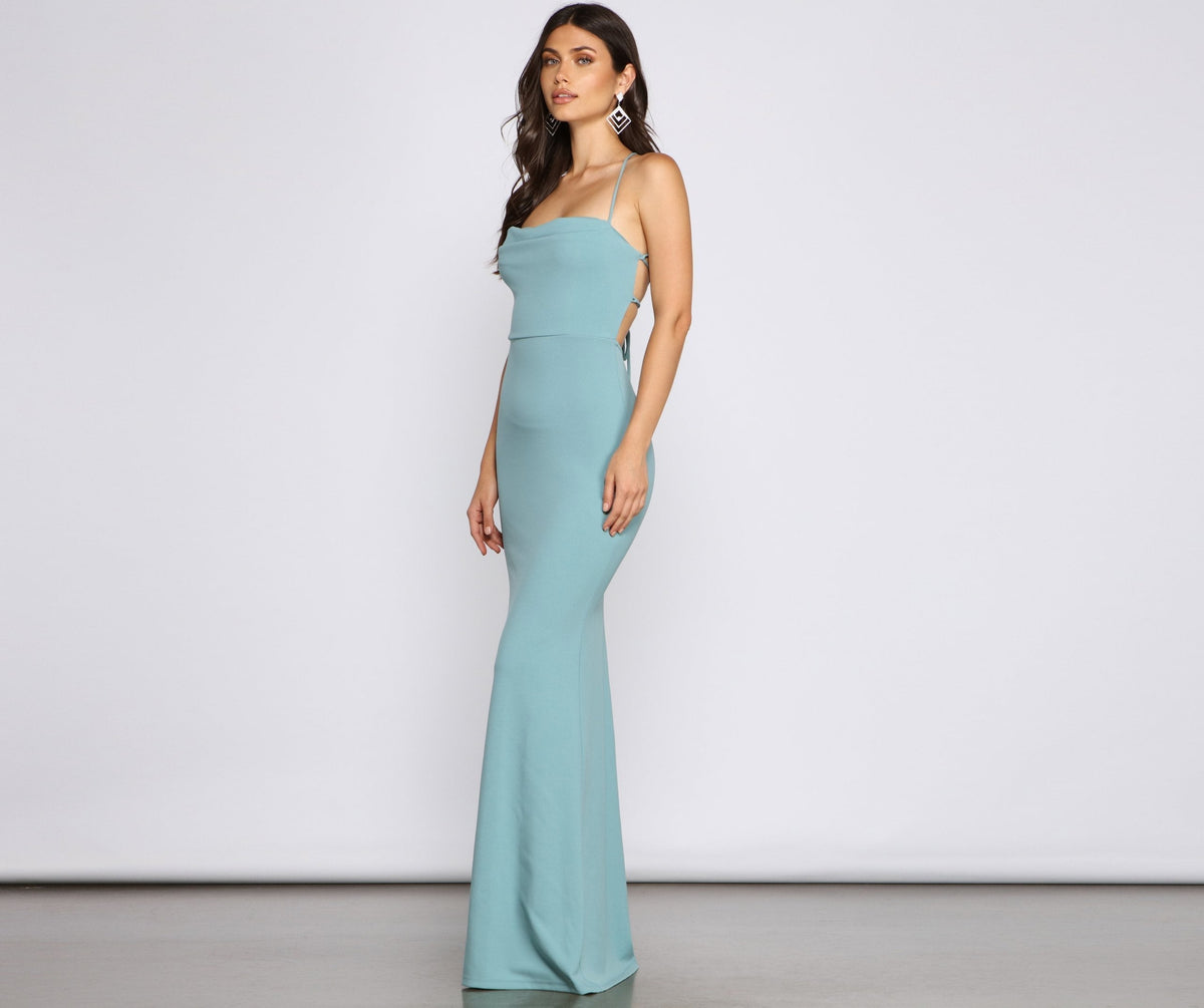 Cowl Neck Spaghetti Strap Lace Up Back Crepe Mermaid Maxi Gown - View 3