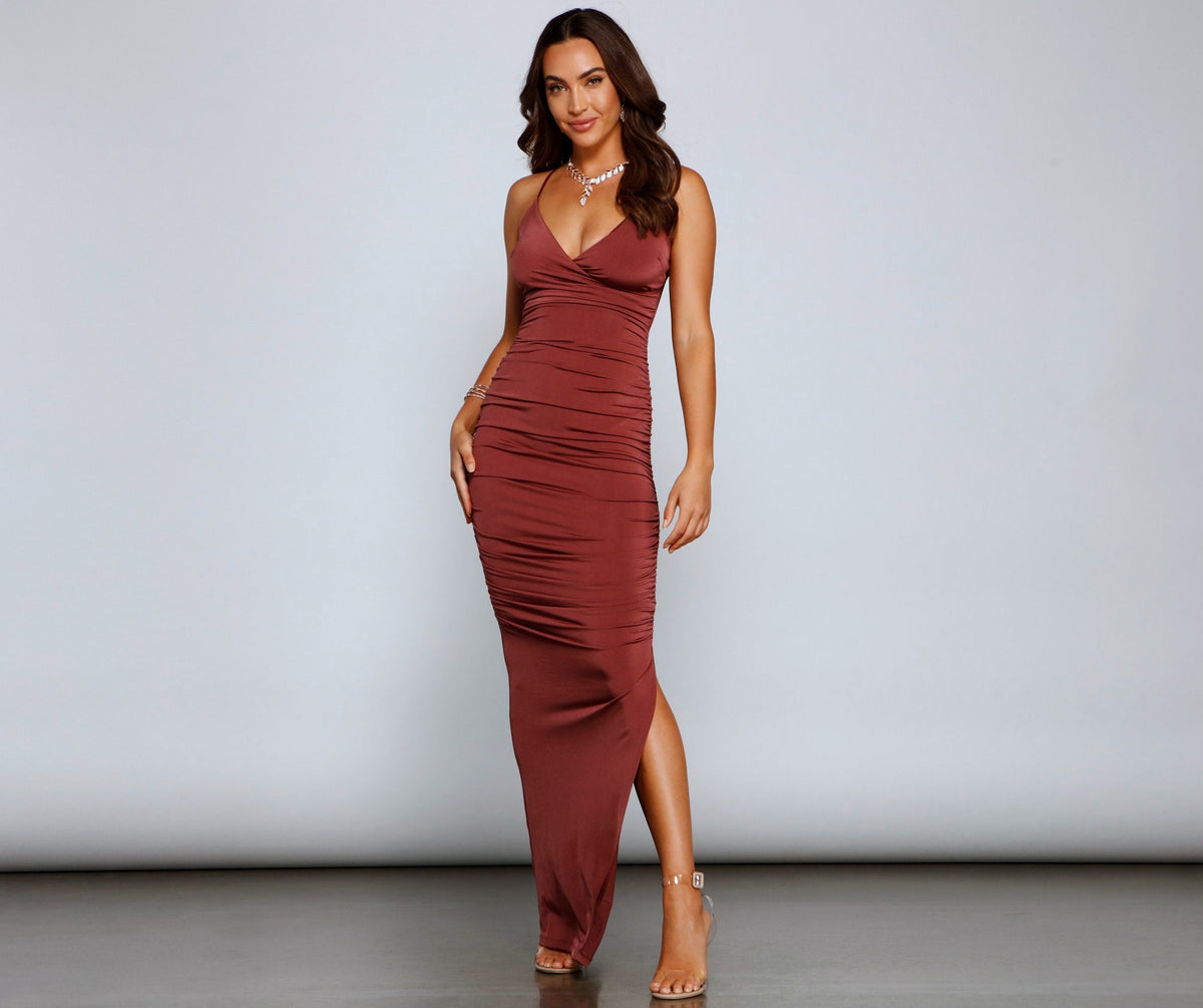 V-Neck Spaghetti Strap Ruched High Split Column Maxi Dress - View 5