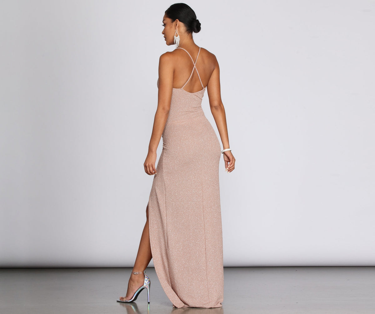 Glitter Spaghetti Strap V-Neck Ruched High Split Cross Back Maxi Dress - View 8