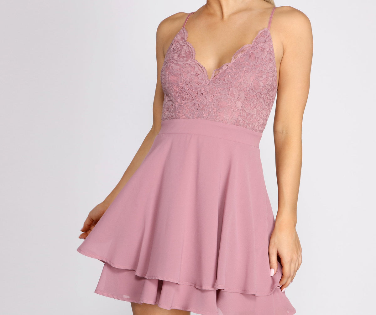 Lace V-Neck Spaghetti Strap Tiered Skater Mini Dress - View 7
