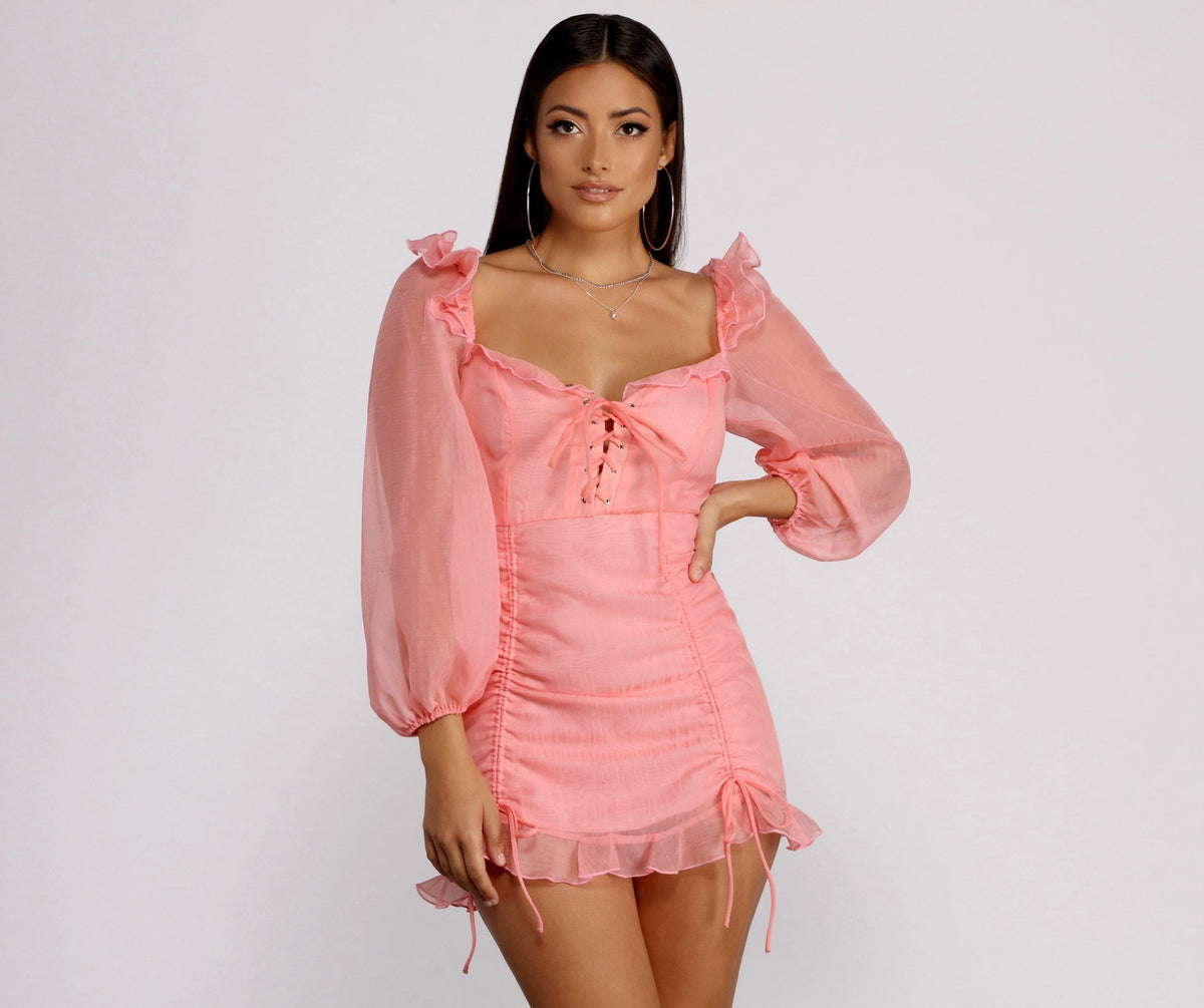 Puff Sleeve Lace Up Ruffle Organza Mini Dress
