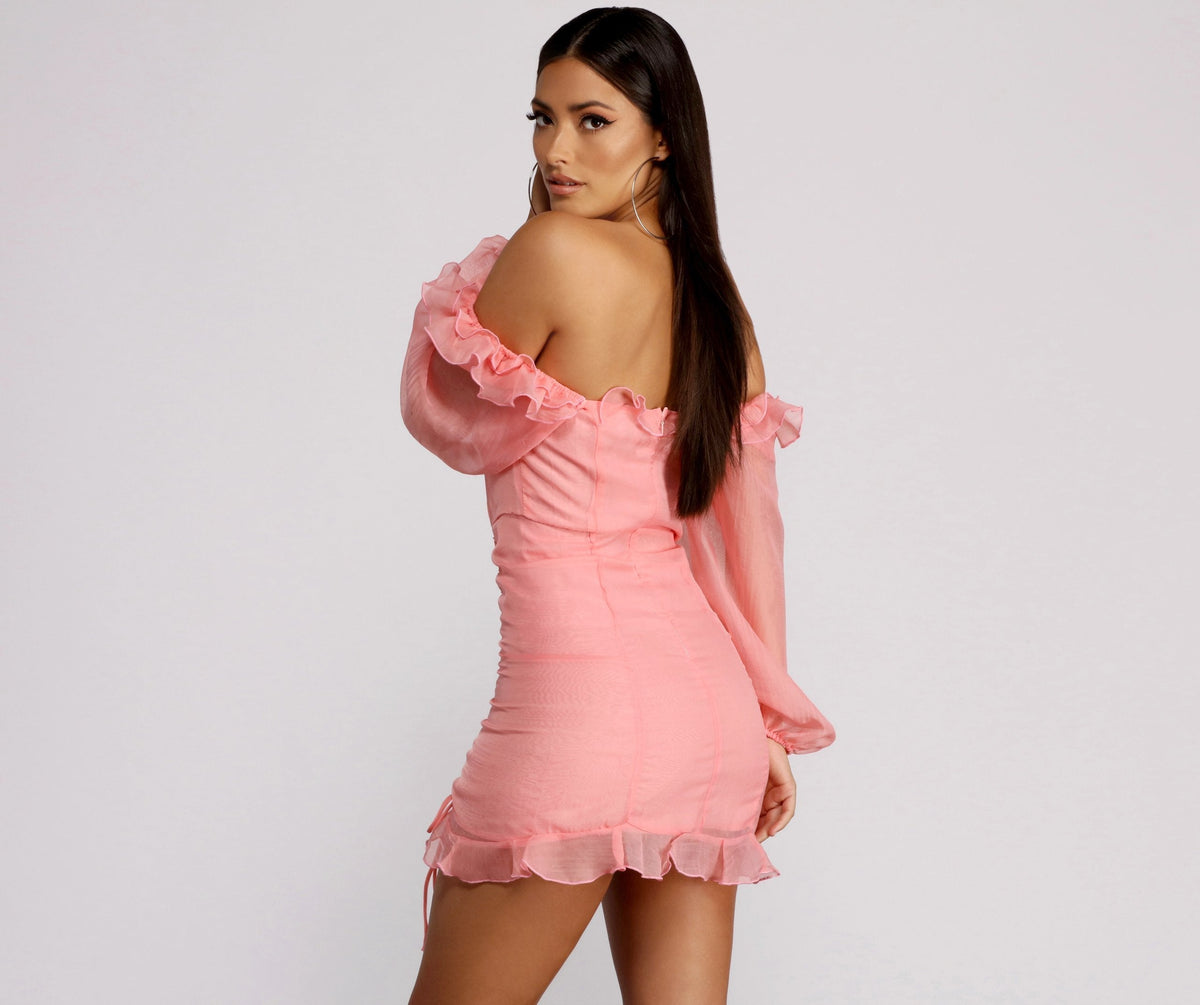 Puff Sleeve Lace Up Ruffle Organza Mini Dress - View 2