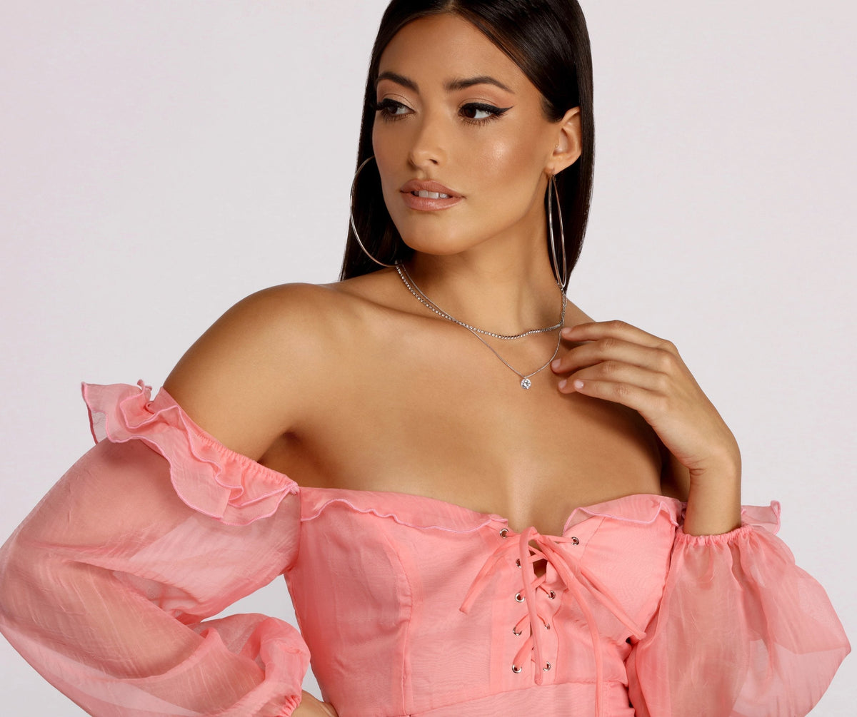 Puff Sleeve Lace Up Ruffle Organza Mini Dress - View 3