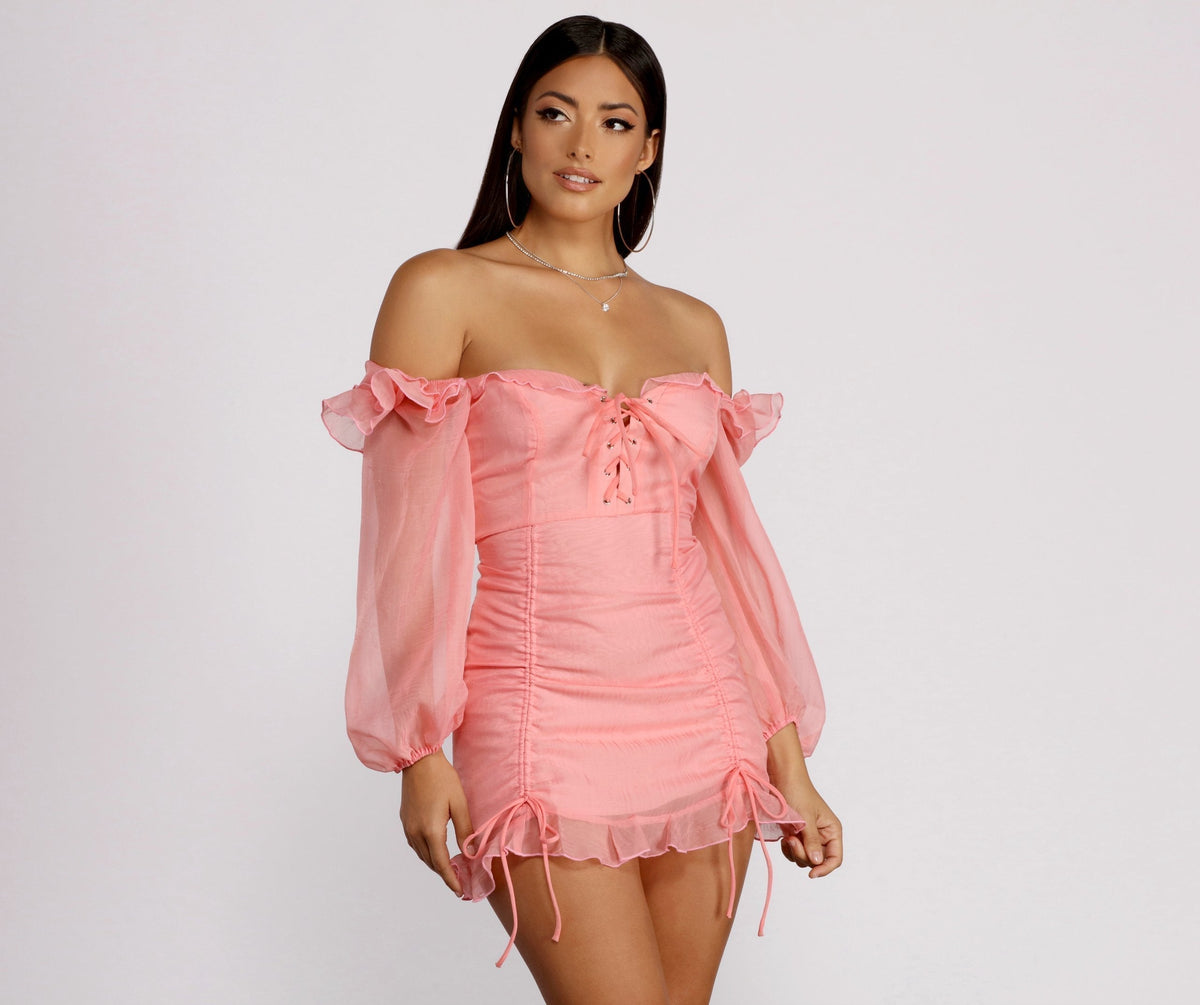 Puff Sleeve Lace Up Ruffle Organza Mini Dress - View 4