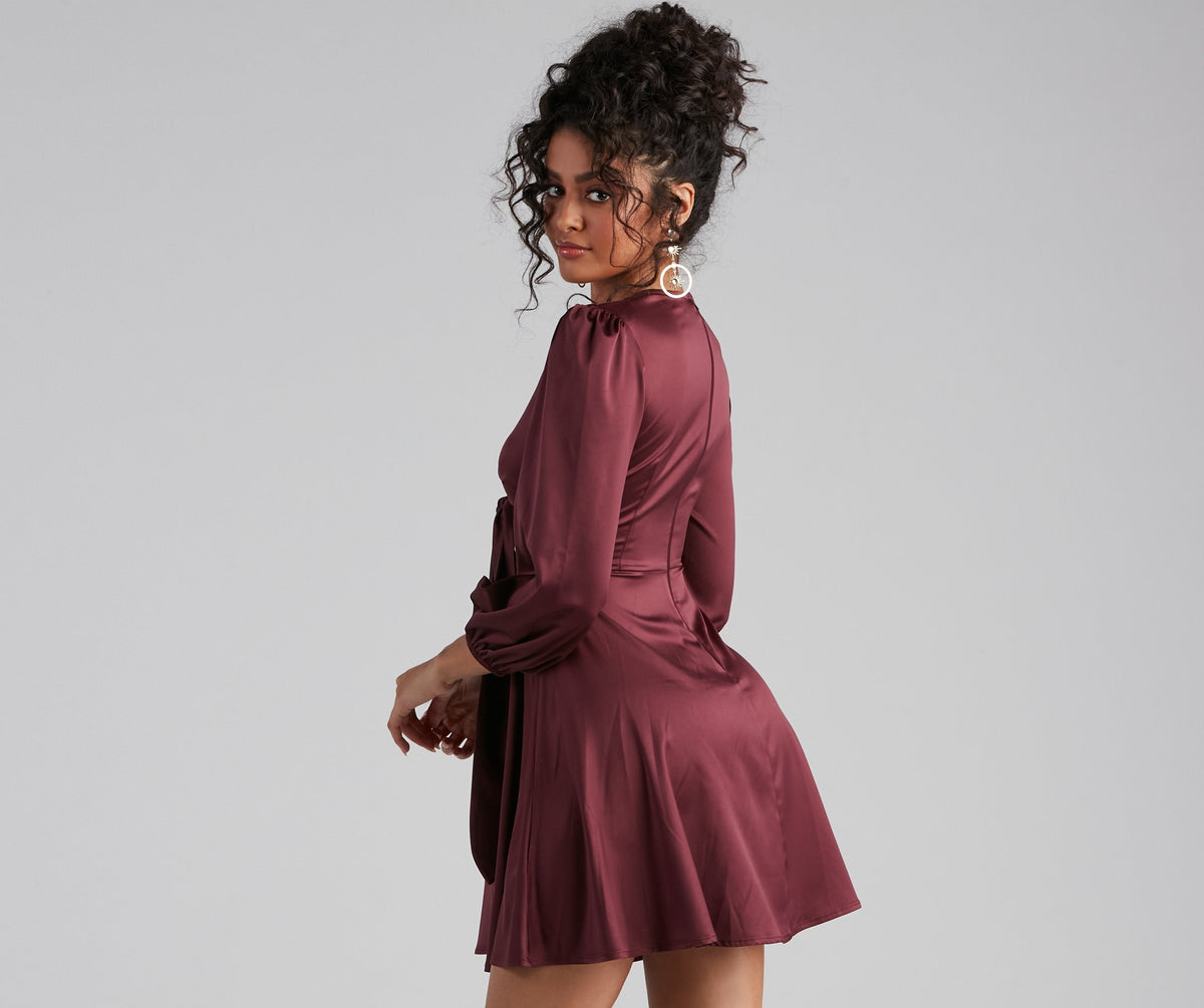 Satin Deep V-Neck Puff Sleeve Tie Front Fit and Flare Mini Dress - View 3