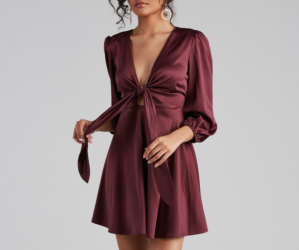 Satin Deep V-Neck Puff Sleeve Tie Front Fit and Flare Mini Dress - View 4