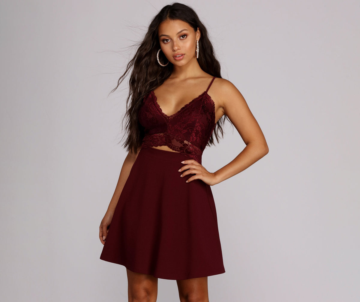 Lace Bodice Cut Out Spaghetti Strap Fit and Flare Skater Mini Dress