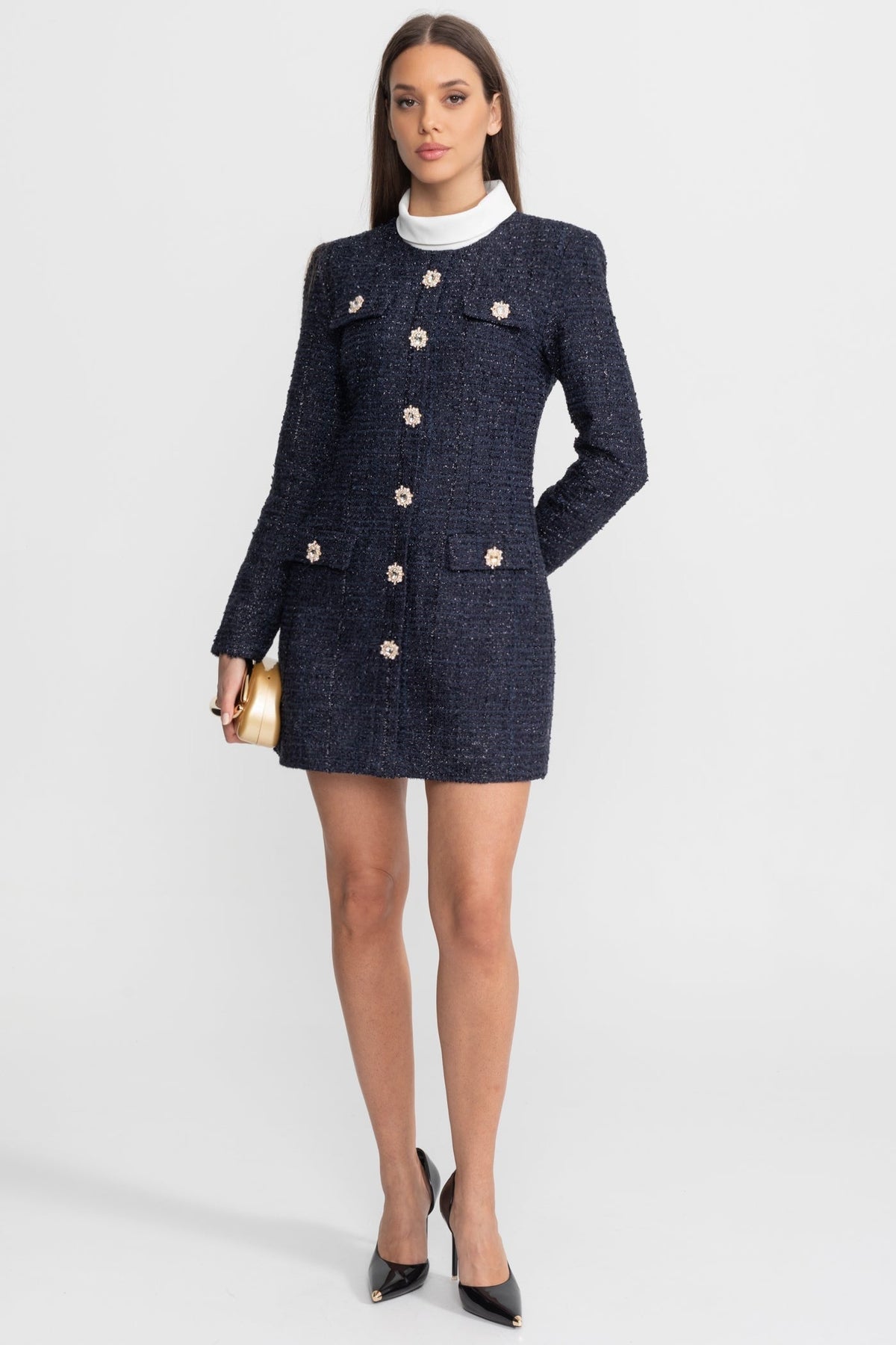 Tweed Long Sleeve Rhinestone Flower Button Flap Shift Mini Dress - View 3