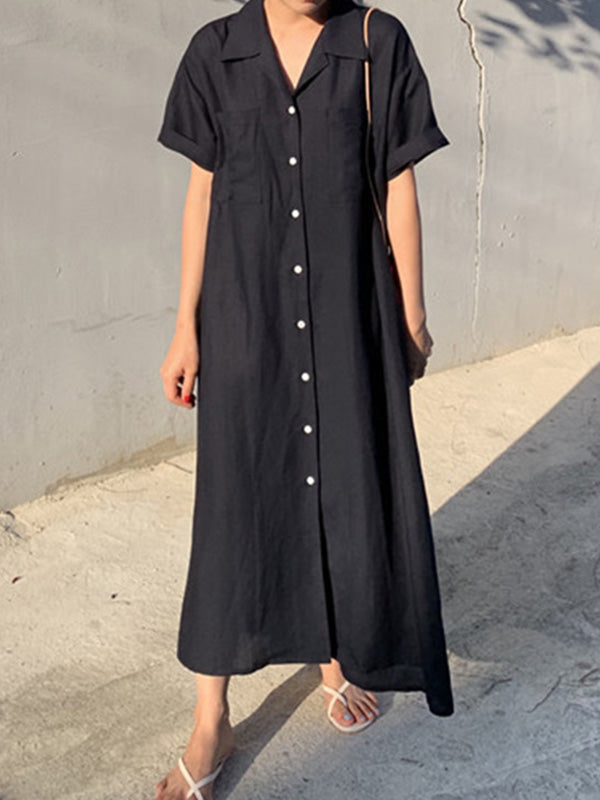 Notched Collar Button Front Patch Pocket Rolled Maxi Shirt Dress - View 5