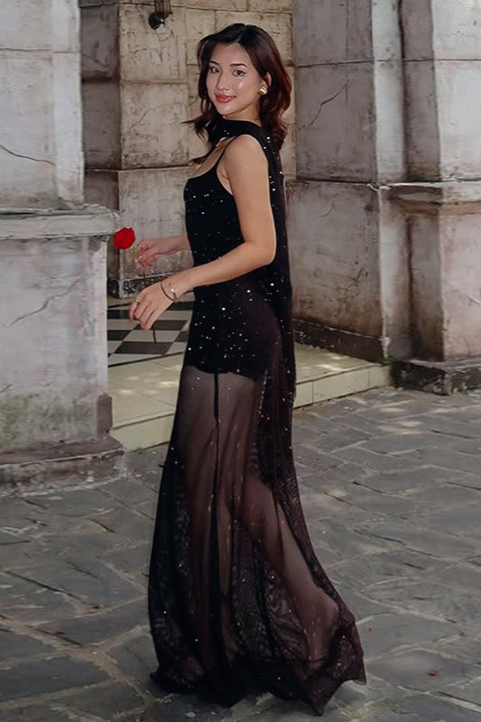 Sequin Spaghetti Strap Scoop Neck High Split Slip Maxi Dress - View 4