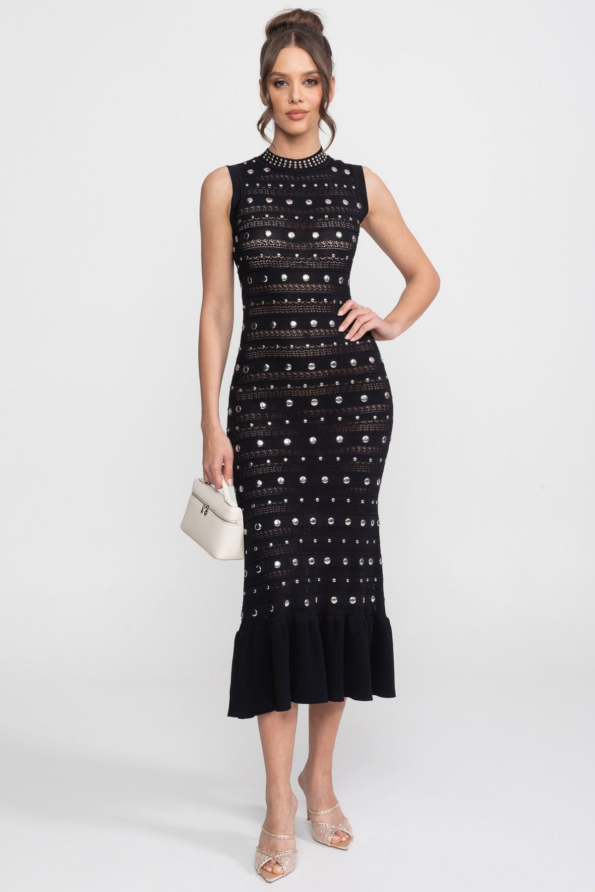 Embellished Knit Midi Dress With High Neck And Ruffle Hem - Black - View 2