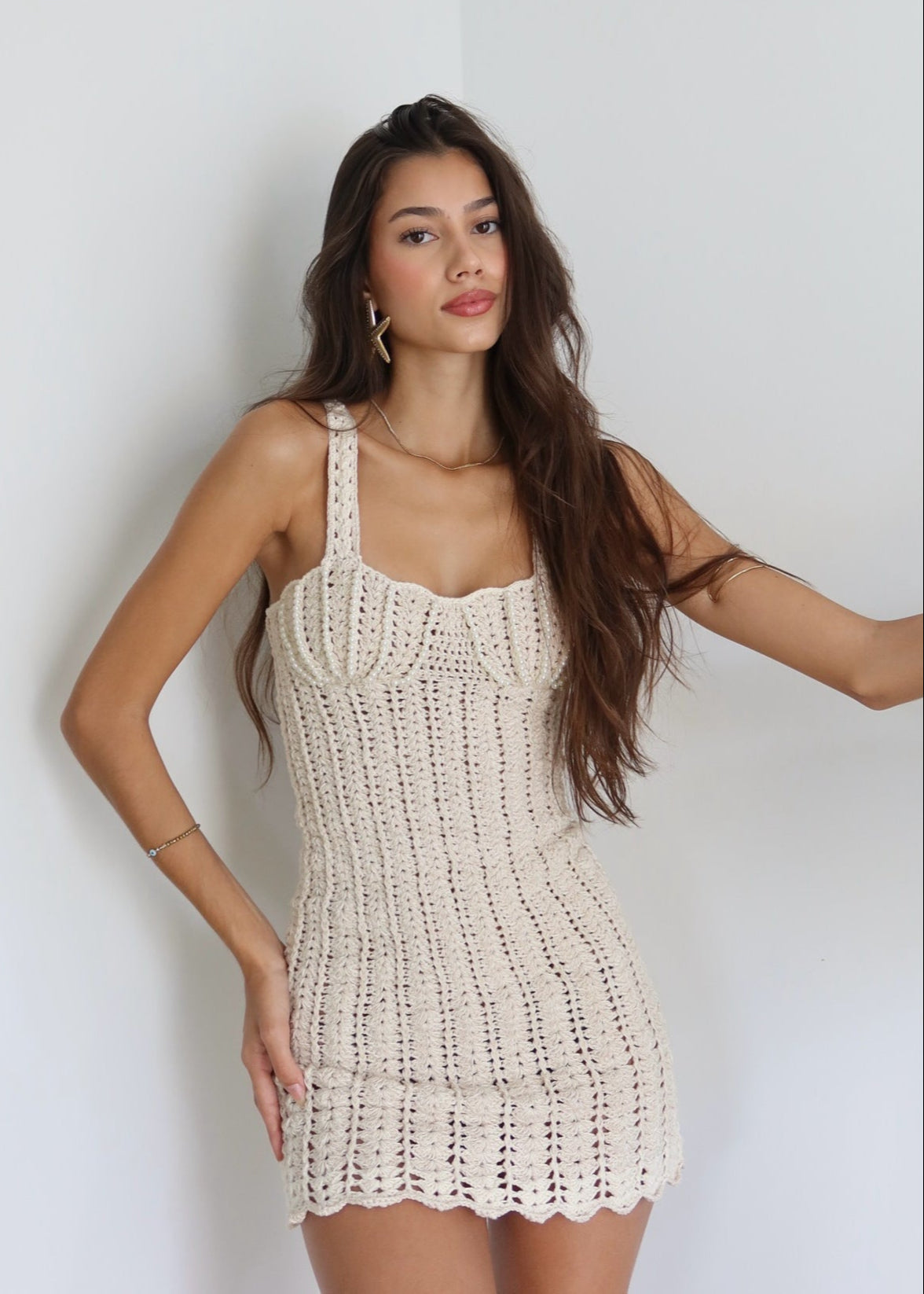 Crochet Knit Sweetheart Wide Strap Bodycon Mini Dress in Apricot - View 3