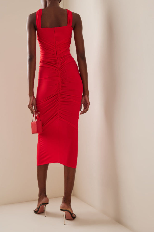 Cross Front Cut Out Rosette Ruched Bodycon Midi Dress 12
