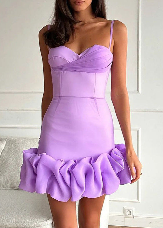 Spaghetti Strap Sweetheart Ruffle Hem Bodycon Mini Dress in Purple