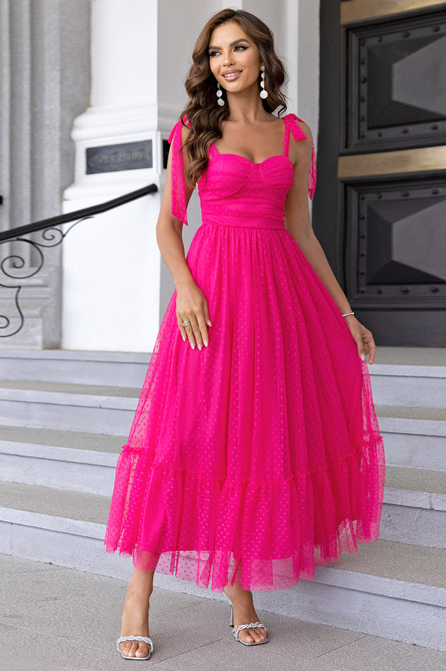Tulle Swiss Dot Bustier Sweetheart Tie Shoulder Tiered Maxi Dress - View 6