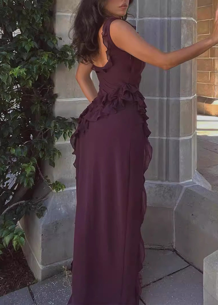 Square Neck Ruffle Strap Diagonal Ruffle High Split Maxi Gown - View 6