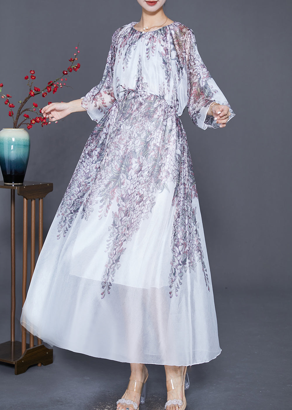 Wisteria Floral Print Sheer Chiffon Three Quarter Maxi Dress - View 3