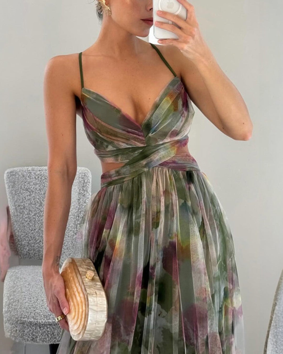Floral Print Chiffon Deep V-Neck Ruched Waist A-Line Maxi Dress 6