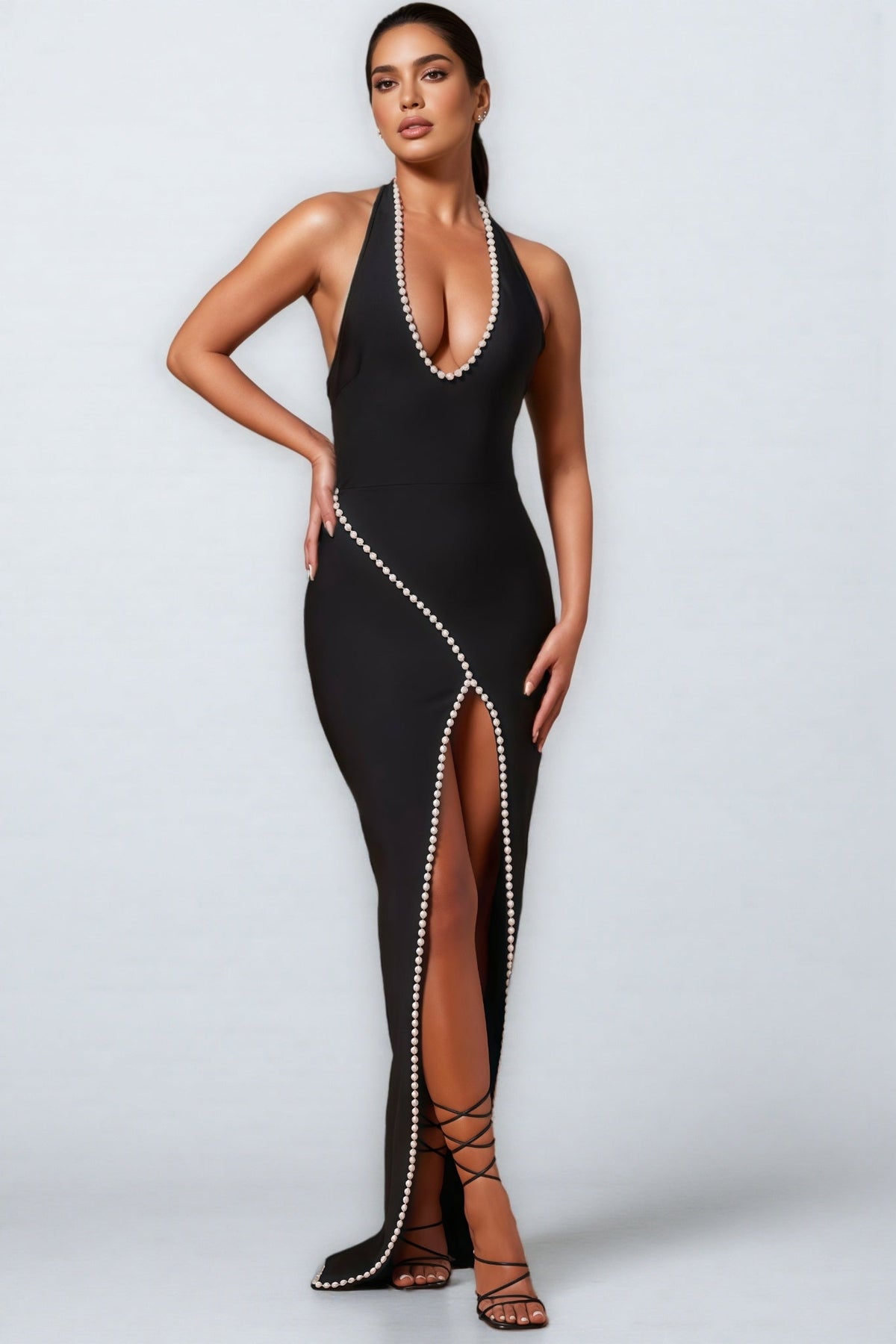 Pearl Trim Deep V-Neck Halter Neck Bandage High Split Maxi Gown