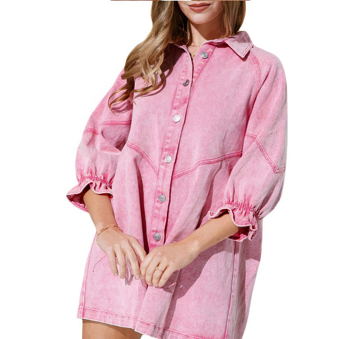 Denim Collared Long Sleeve Button Front Ruffle Cuff Mini Shirt Dress - View 7