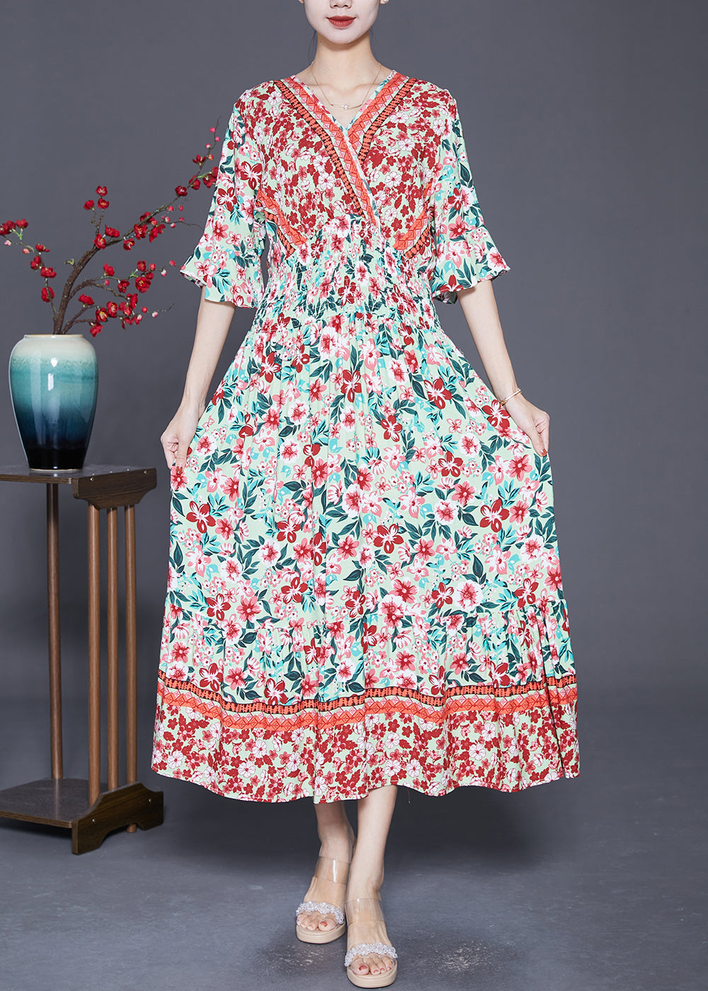 V-Neck Butterfly Sleeve Smocked Waist Border Print Maxi Dress - View 2