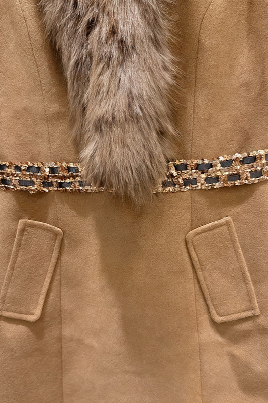 Faux Fur Collar Sleeveless Embellished Belt Sheath Midi Dress - View 6