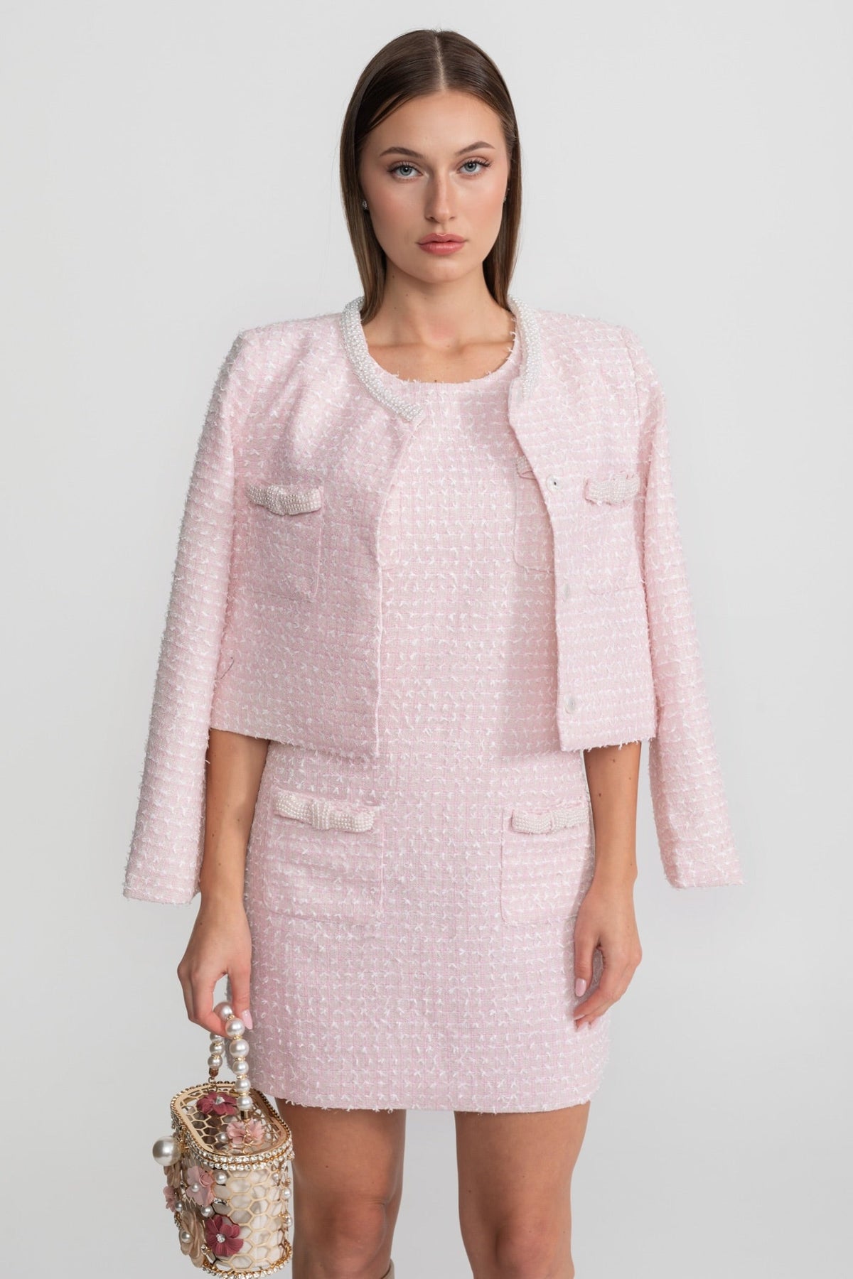 Sleeveless Round Neck Fringed Edge Bow Pocket Tweed Mini Dress - View 3