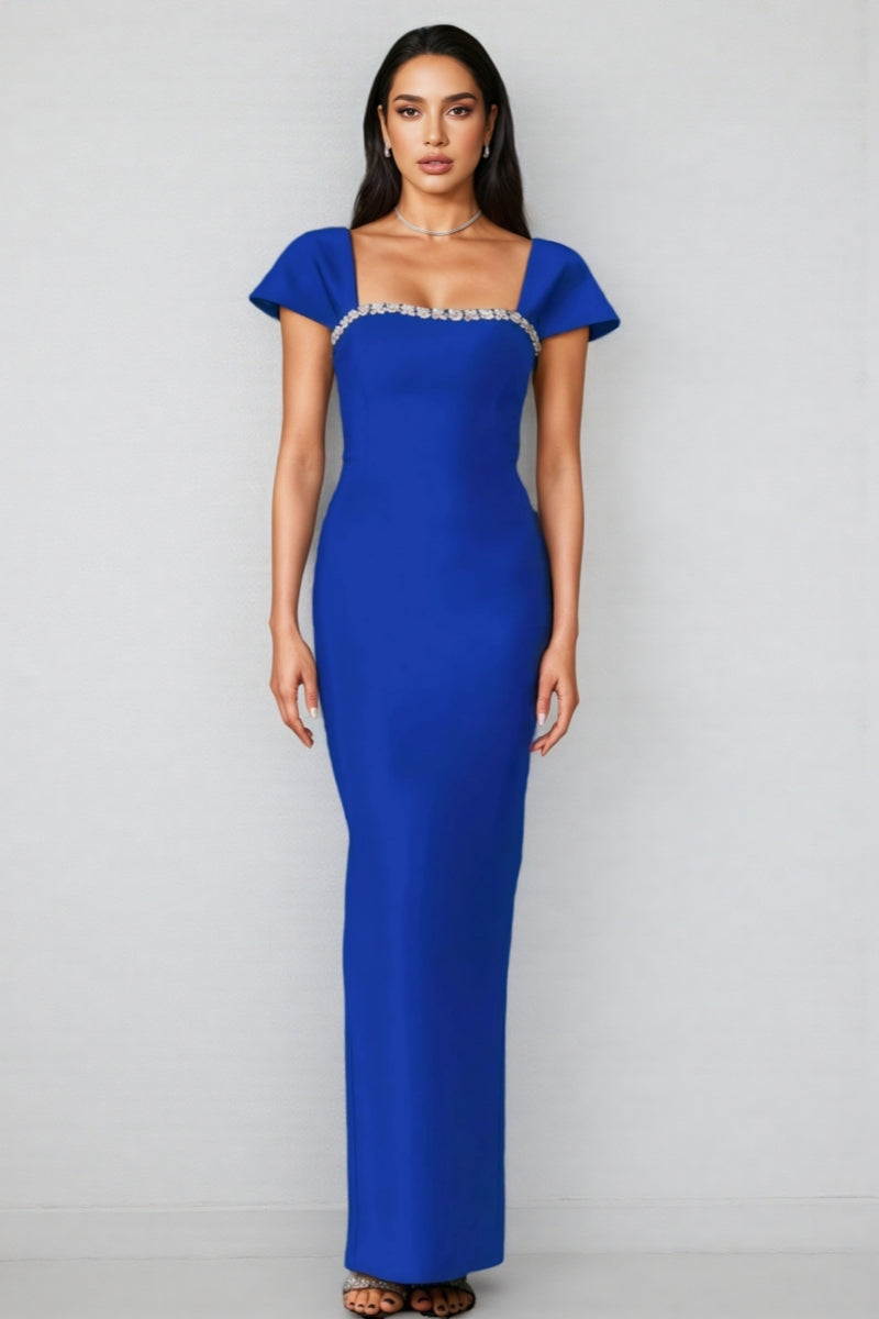 Rhinestone Trim Square Neck Flared Cap Sleeve Bandage Column Maxi Gown