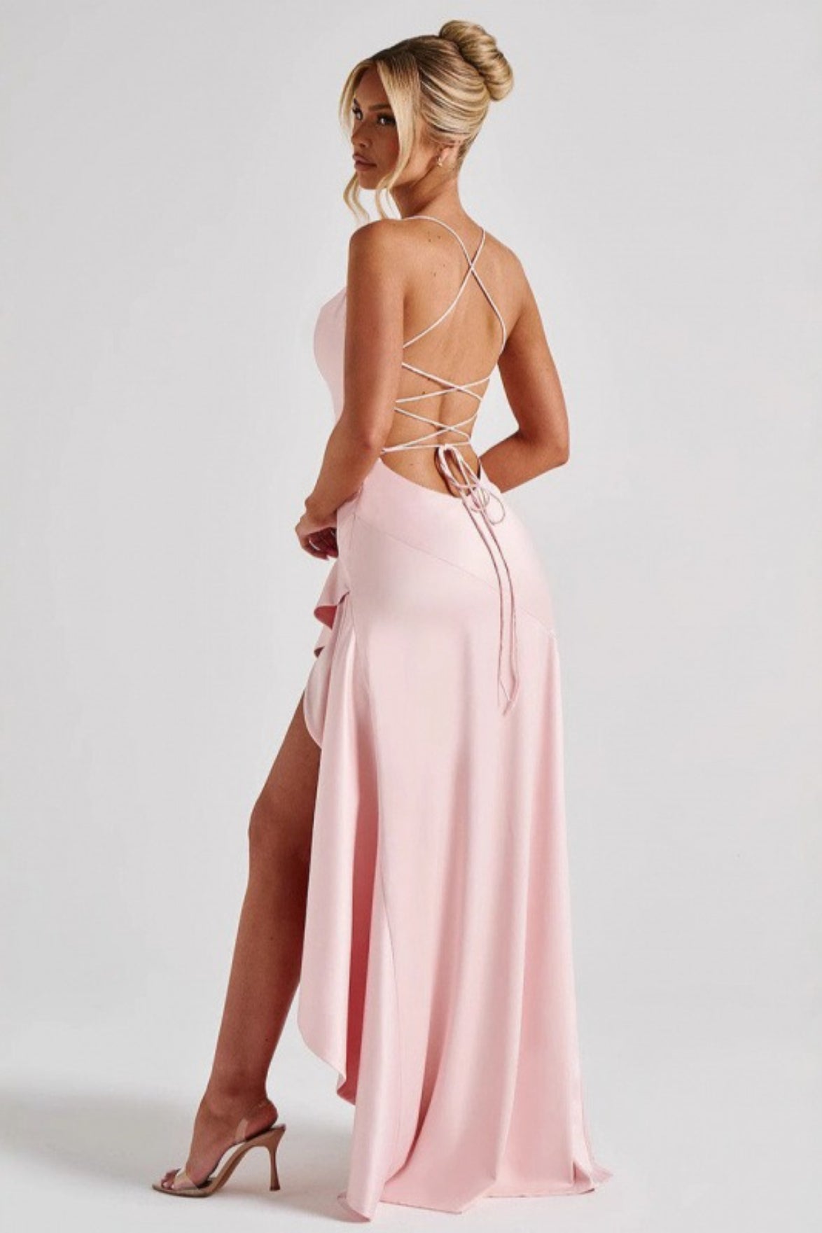 Satin Cowl Neck Lace Up Back Ruffle High Low Maxi Dress 4