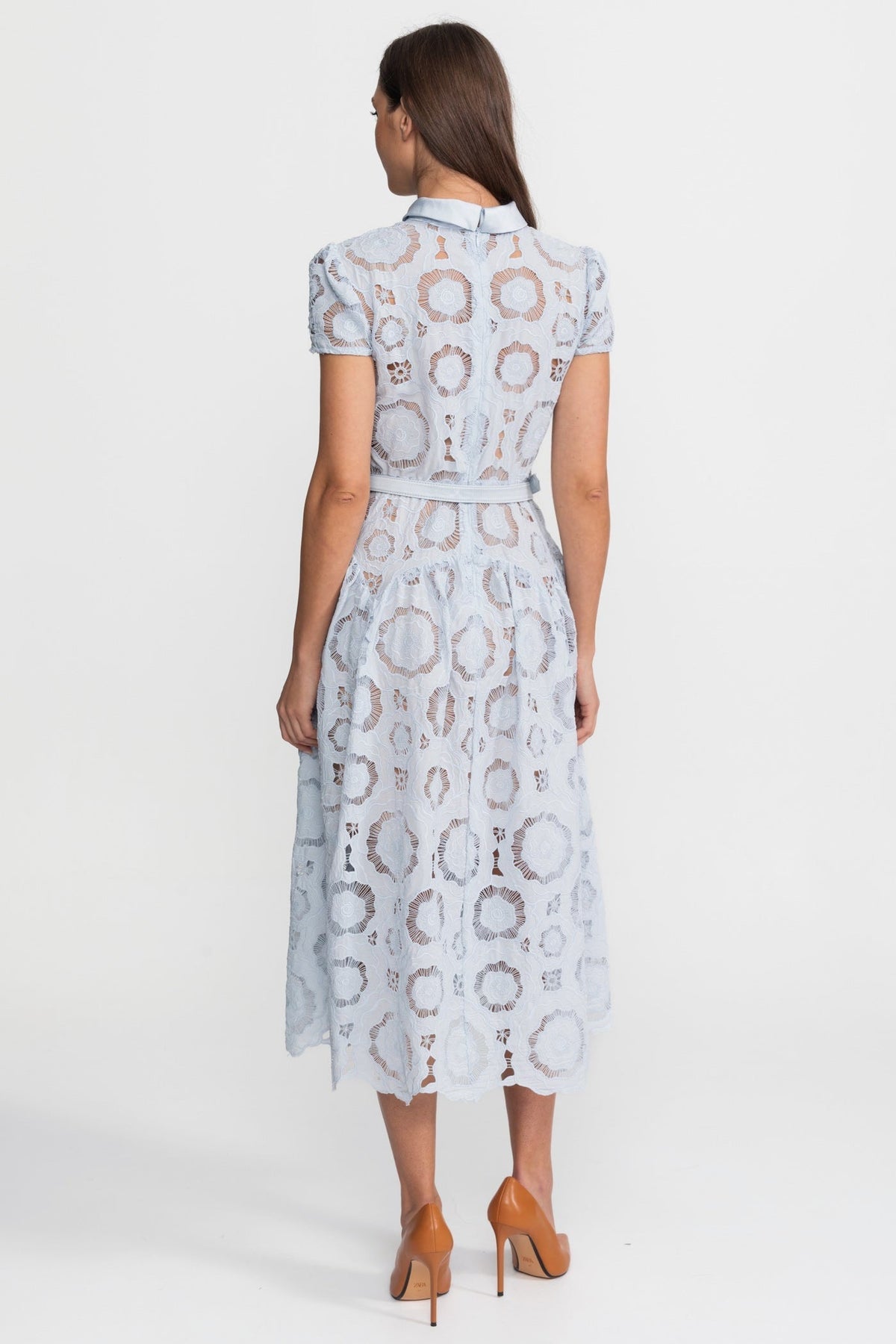 Floral Lace Midi Dress with Belted Waist – Light Blue - View 3