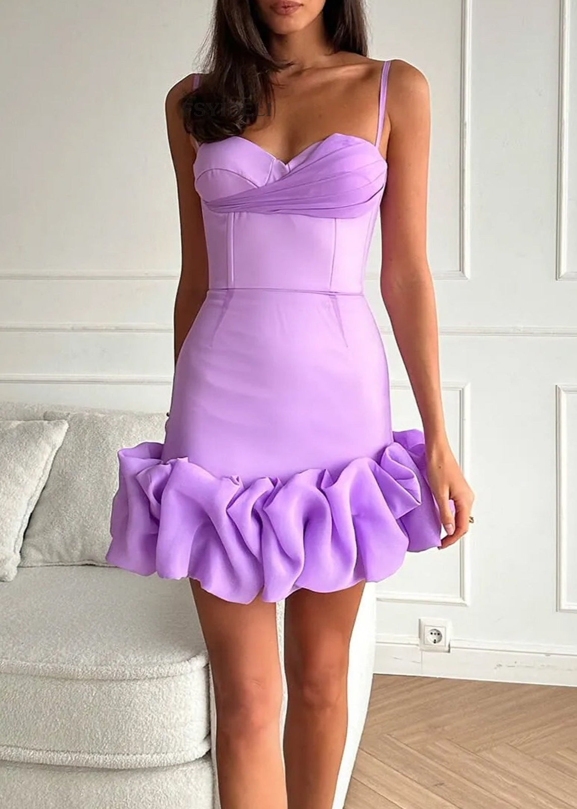 Spaghetti Strap Sweetheart Ruffle Hem Bodycon Mini Dress in Purple - View 4