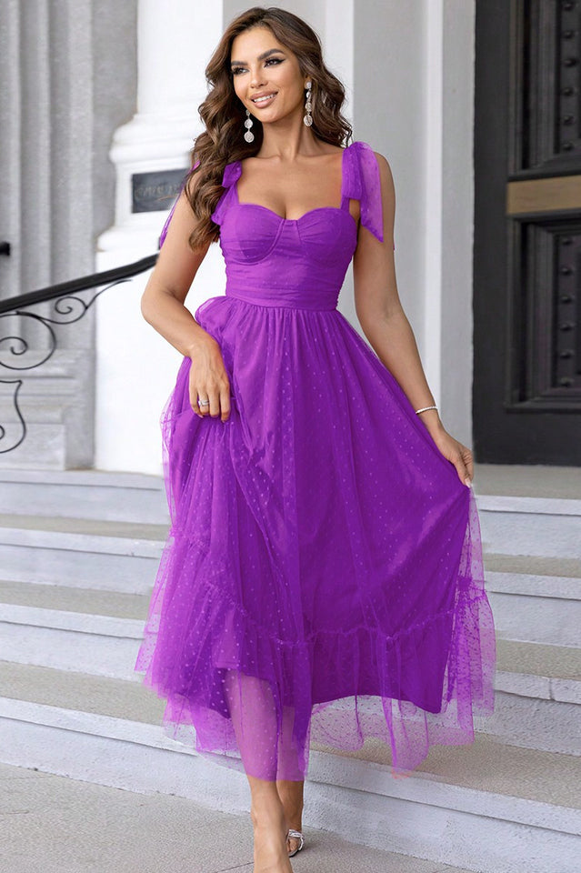 Tulle Swiss Dot Bustier Sweetheart Tie Shoulder Tiered Maxi Dress - View 9