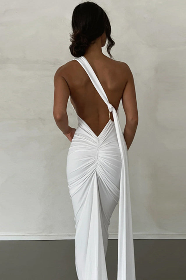 One Shoulder Ruched Open Back Trailing Sash Floor Length Gown - View 17