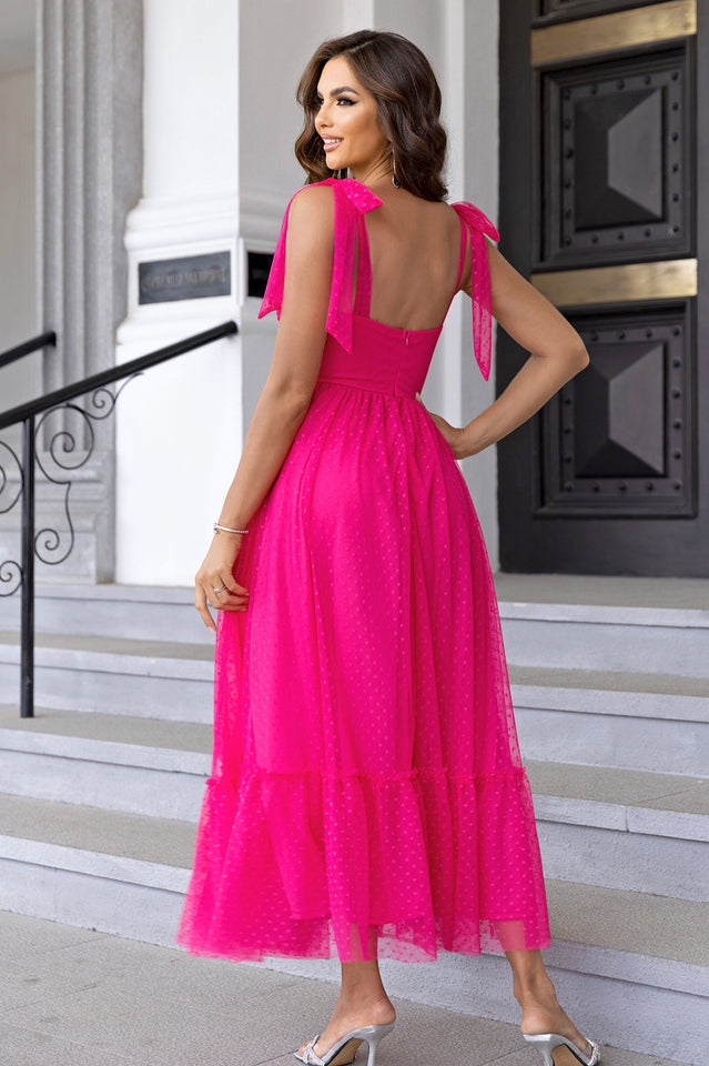 Tulle Swiss Dot Bustier Sweetheart Tie Shoulder Tiered Maxi Dress - View 8