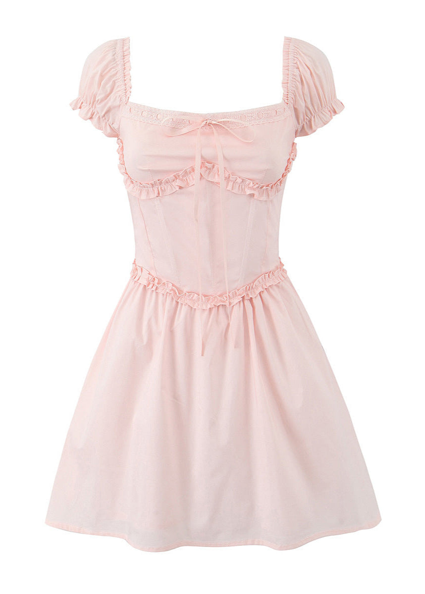 Off Shoulder Puff Sleeve Corset Ruffle Trim Fit and Flare Mini Dress - View 6