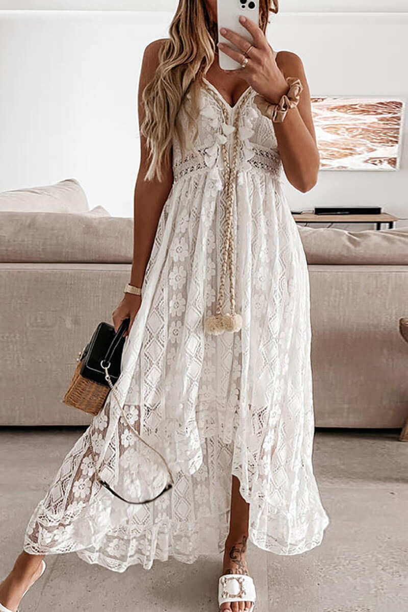 Crochet Lace V-Neck Spaghetti Strap High Low Midi Dress - View 5