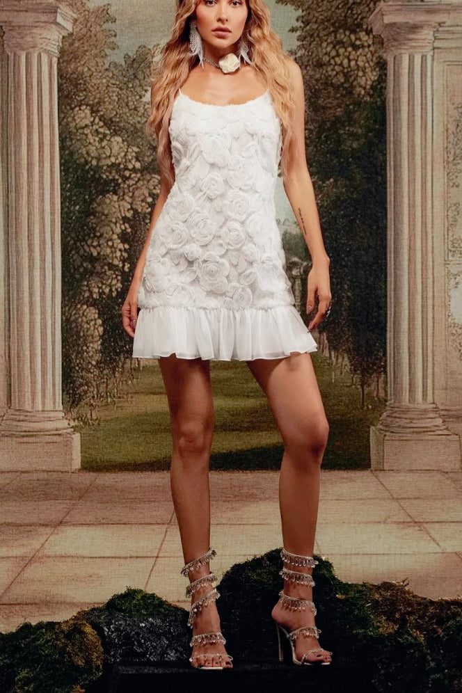 3D Flower Applique Spaghetti Strap Ruffle Hem Mini Dress
