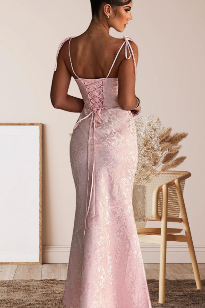 Square Neck Tie Strap Jacquard Mermaid Maxi Dress 8