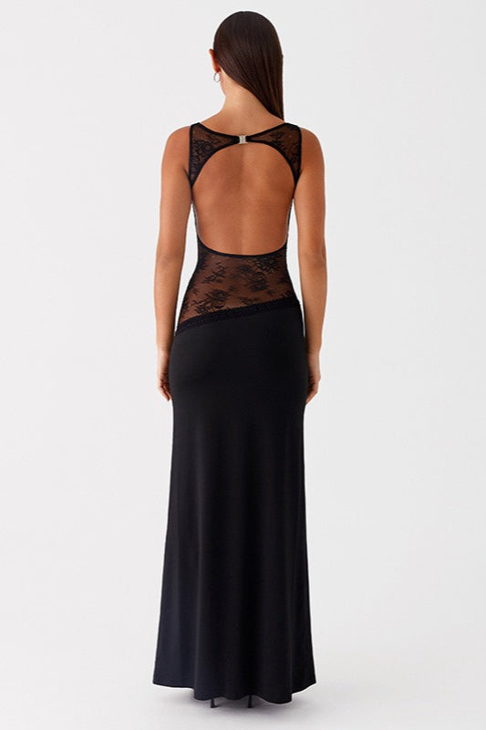 Backless Lace Sheer Mesh Satin Dress