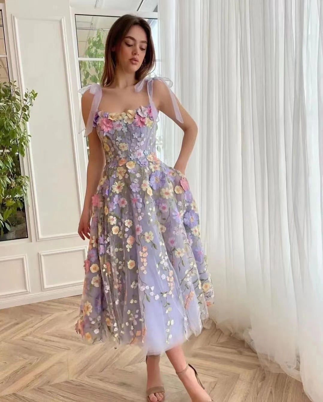 Floral Applique Tie Strap Corset Tulle A-Line Mini Dress - View 7