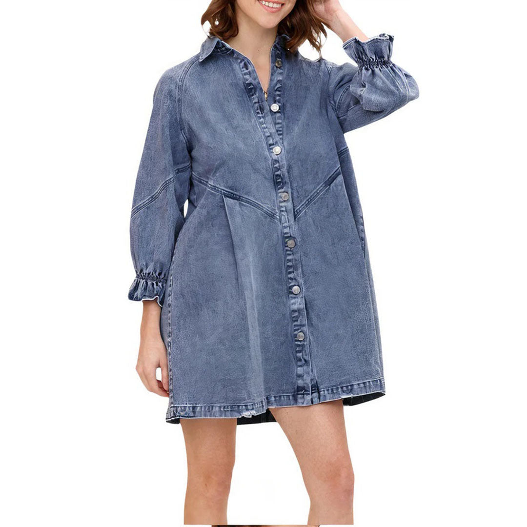 Denim Collared Long Sleeve Button Front Ruffle Cuff Mini Shirt Dress - View 3