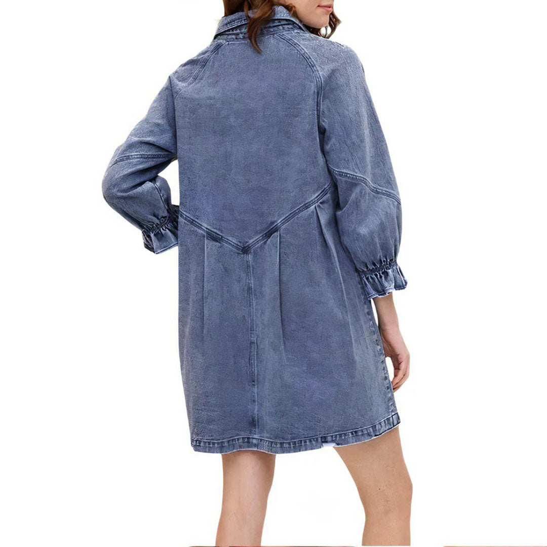 Denim Collared Long Sleeve Button Front Ruffle Cuff Mini Shirt Dress - View 4